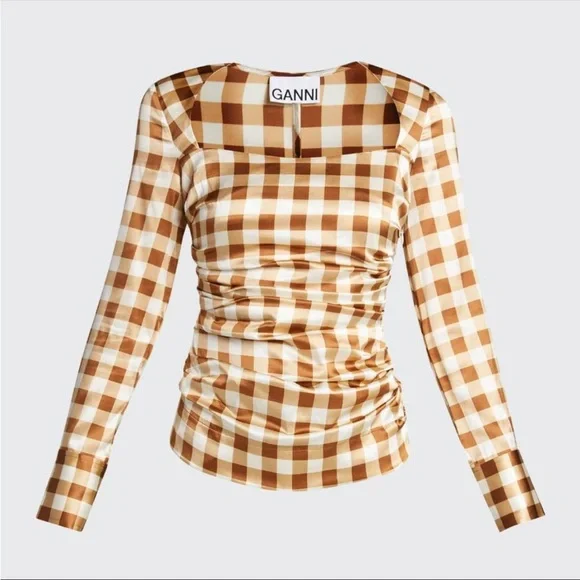 GANNI Silk Check Draped Blouse 10 - Picture 10 of 10